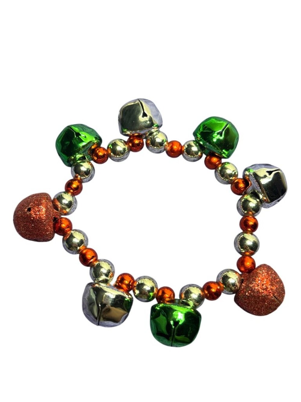 Red Green Silvertone Beaded Jingle Bells Stretchy Bracelet Glitter 6.25 inches